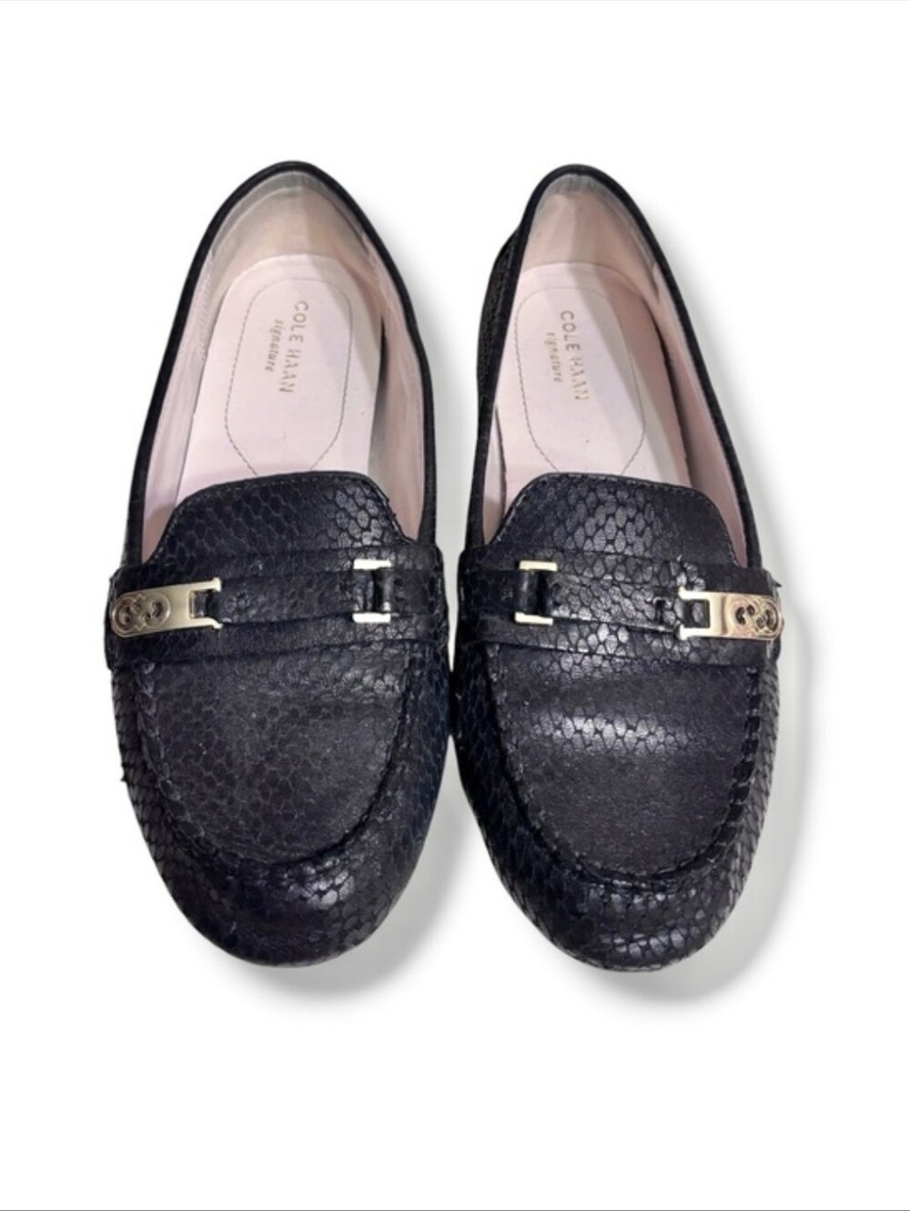 COLE HAAN Black Snakeskin Embossed Suede Driving Loafers Gold Tone Bar